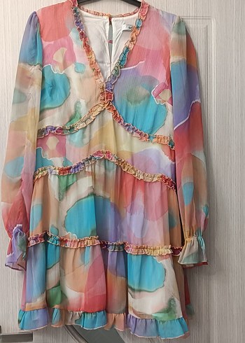 Uzun Kol Pastel Renkli Bohem Elbise - Görsel 3