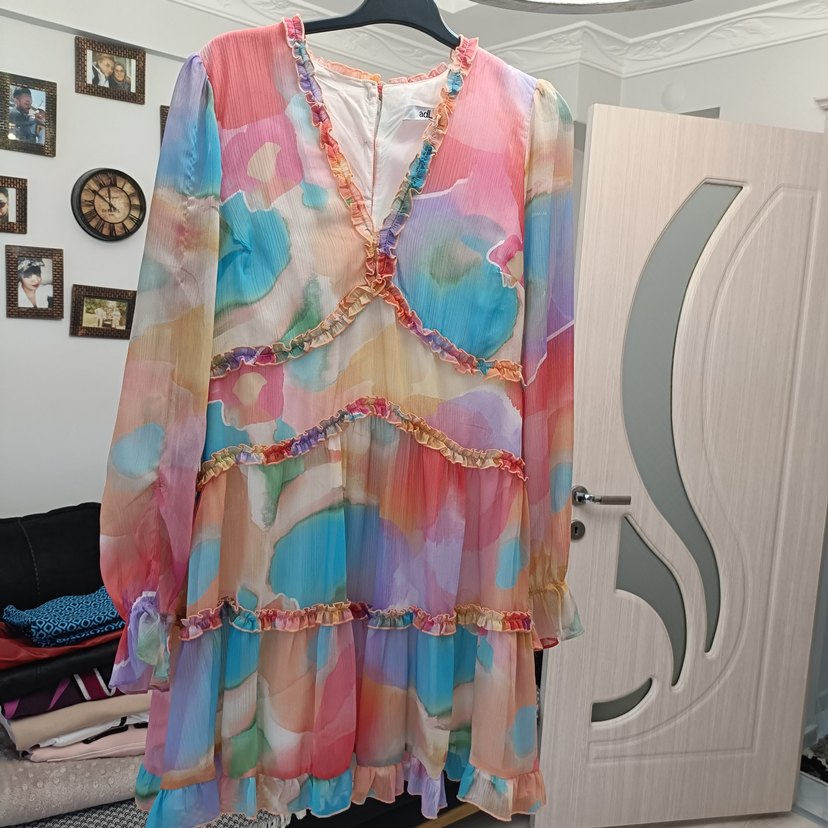 Uzun Kol Pastel Renkli Bohem Elbise - Görsel 2