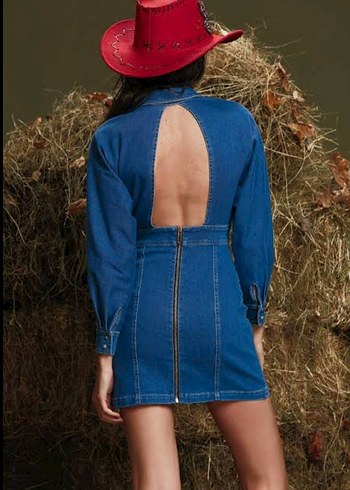 Kadın Lacivert Uzun Kollu Denim Elbise - Görsel 2