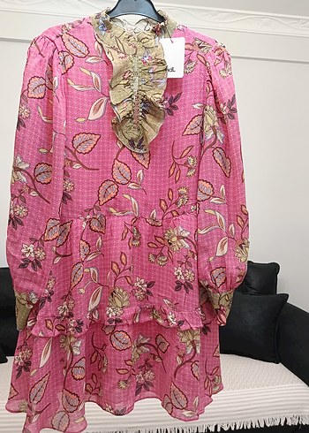 Pembe Bohem Uzun Kollu Fırfırlı elbise - Görsel 3