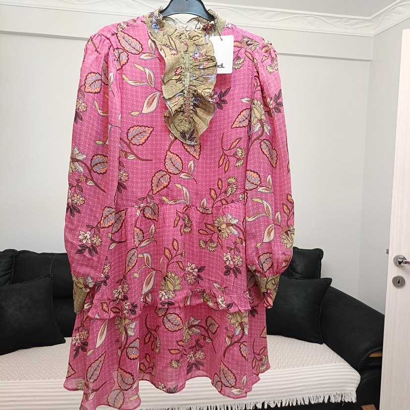 Pembe Bohem Uzun Kollu Fırfırlı elbise - Görsel 3