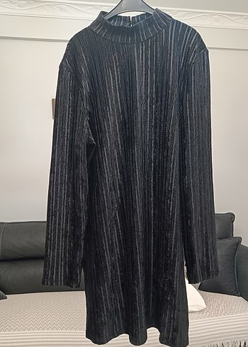 Uzun Kollu Siyah Kadife Mini Elbise - Görsel 9