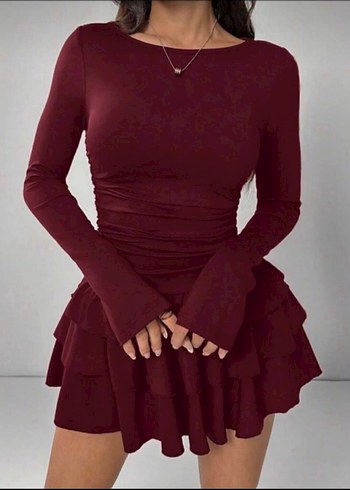 Bordo Uzun Kollu Fırfırlı Mini Elbise - Görsel 2