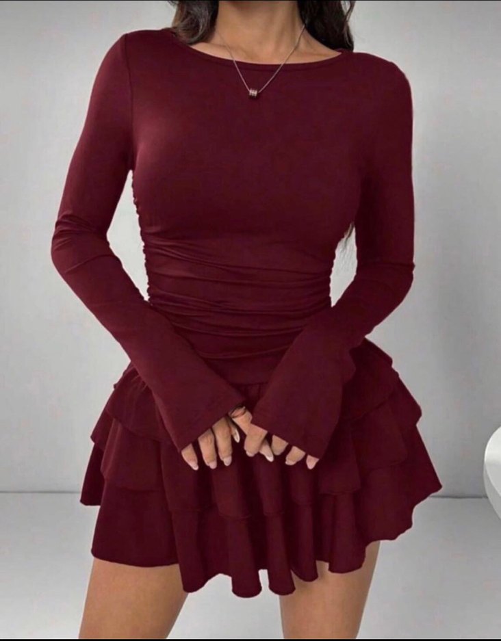 Bordo Uzun Kollu Fırfırlı Mini Elbise - Görsel 2