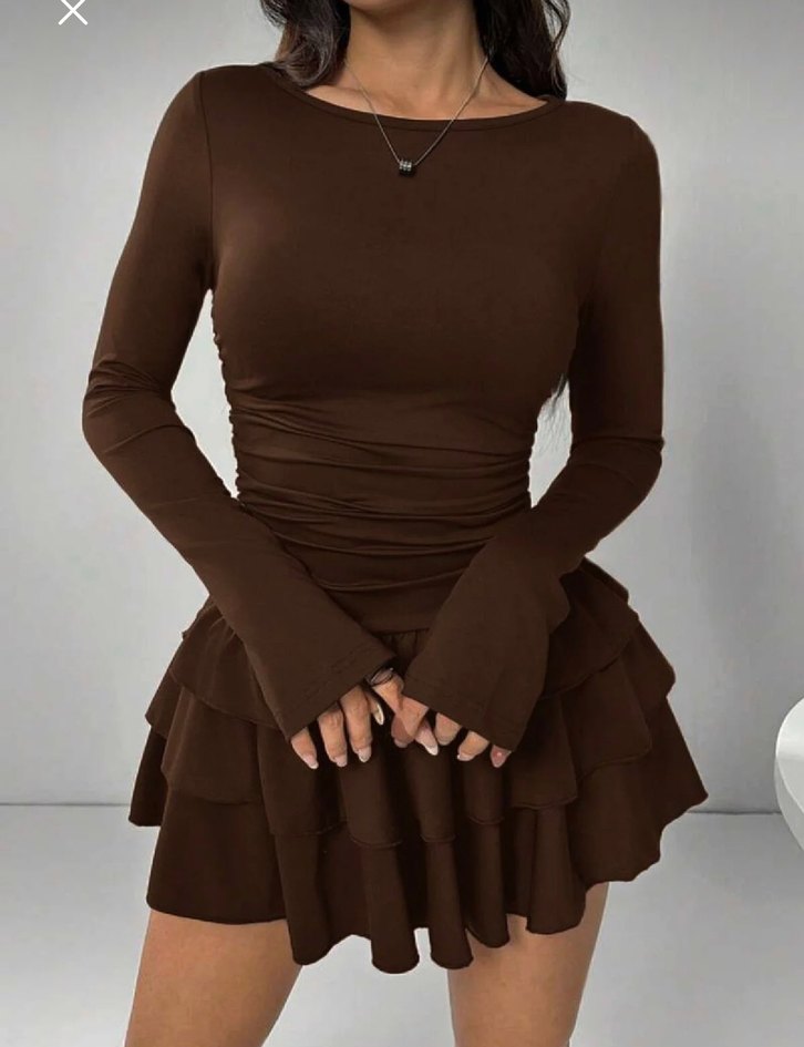 Kahverengi Fırfırlı Mini Elbise - Görsel 3