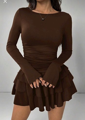 Kahverengi Kat kat fırfırlı Elbise - Görsel 3