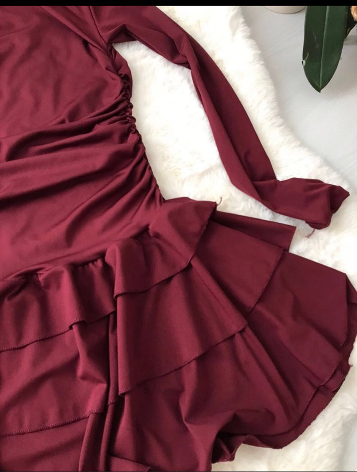 Bordo Eteği Kat Kat Kısa Elbise - Görsel 4