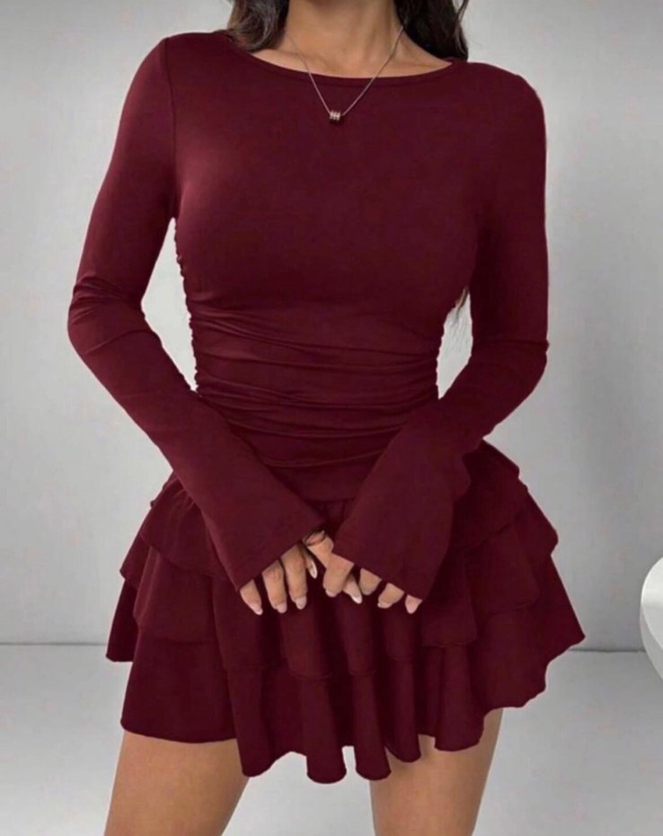 Bordo Eteği Kat Kat Kısa Elbise - Görsel 3