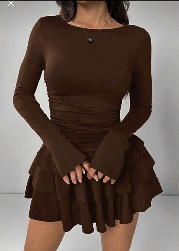 Kahverengi Uzun Kollu Fırfırlı Mini Elbise - Görsel 3