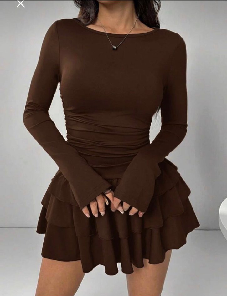 Kahverengi Uzun Kollu Fırfırlı Mini Elbise - Görsel 3