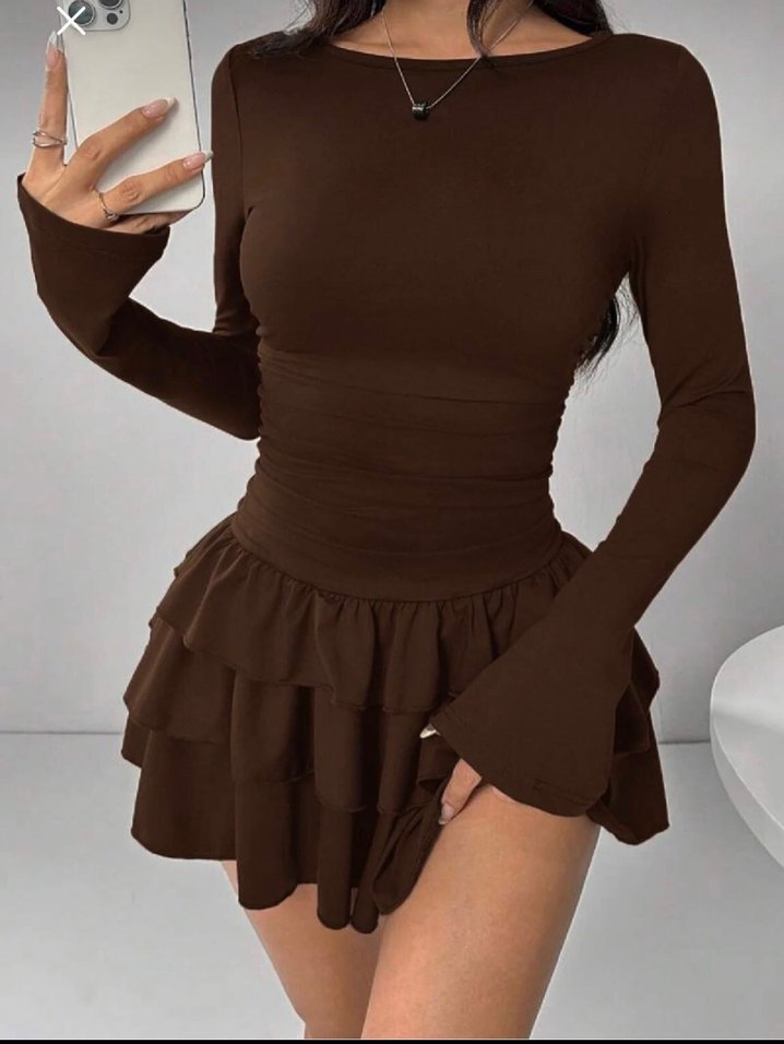 Kahverengi Uzun Kollu Fırfırlı Mini Elbise - Görsel 2