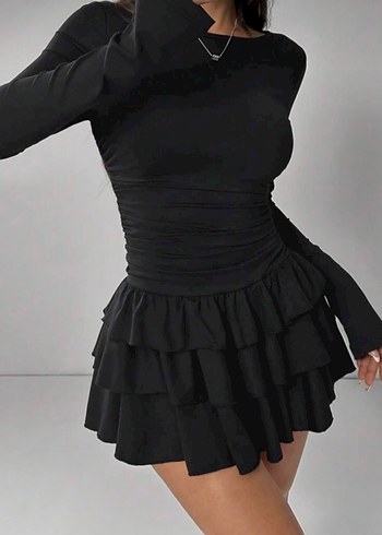 Siyah Uzun Kollu Fırfırlı Mini Elbise - Görsel 5