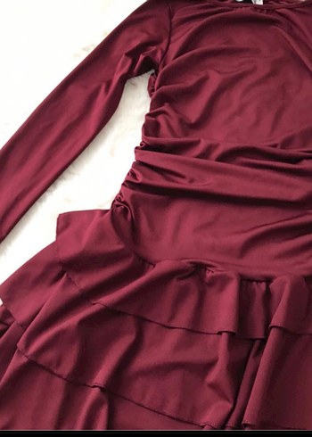 Bordo Eteği Kat Kat fırfırlı kısa elbise - Görsel 4