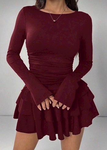 Bordo Eteği Kat Kat Fırfırlı Mini Elbise - Görsel 2