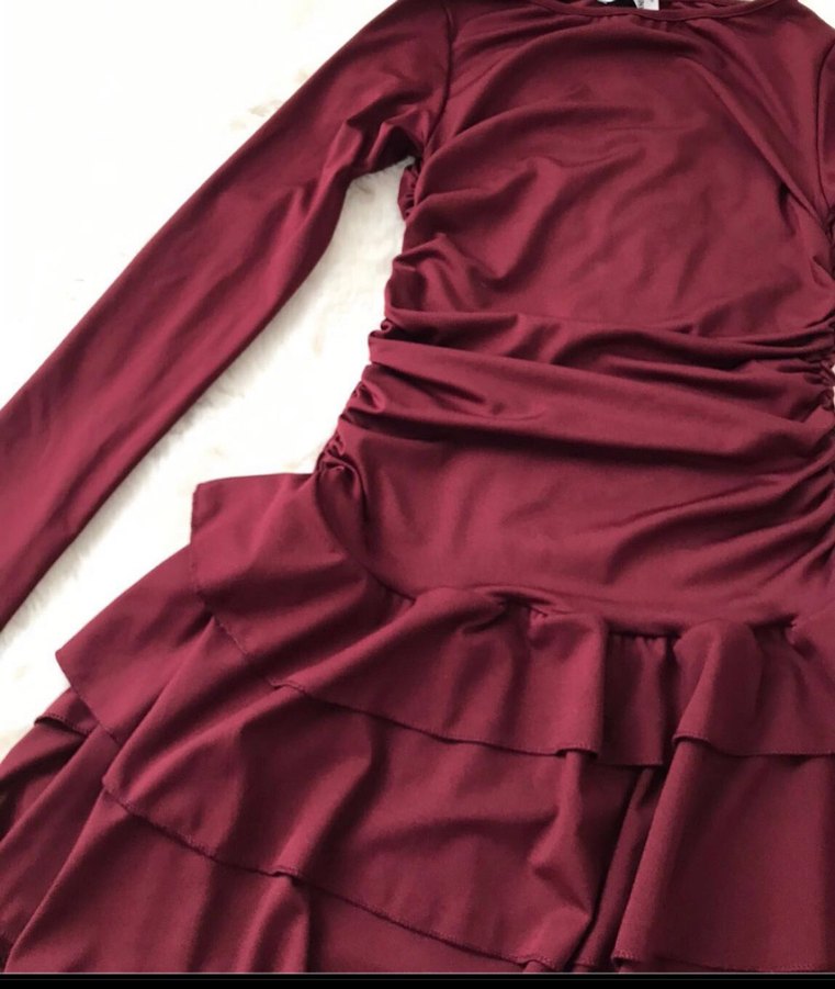 Bordo Eteği Kat Kat Fırfırlı Mini Elbise - Görsel 3