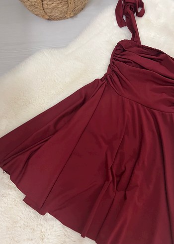 m Beden bordo Renk Bordo Fiyonklu Askılı Pilili Mini Elbise