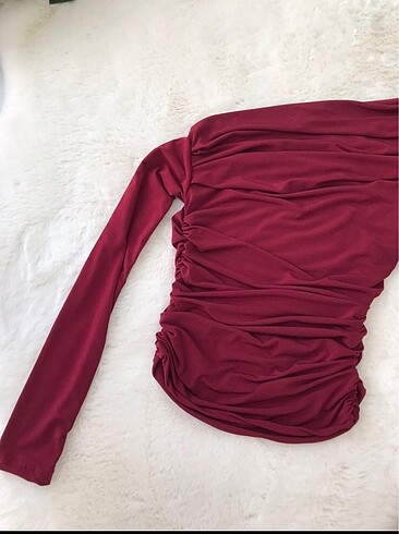 s Beden bordo Renk Bir omzu açık büzgülü bluz