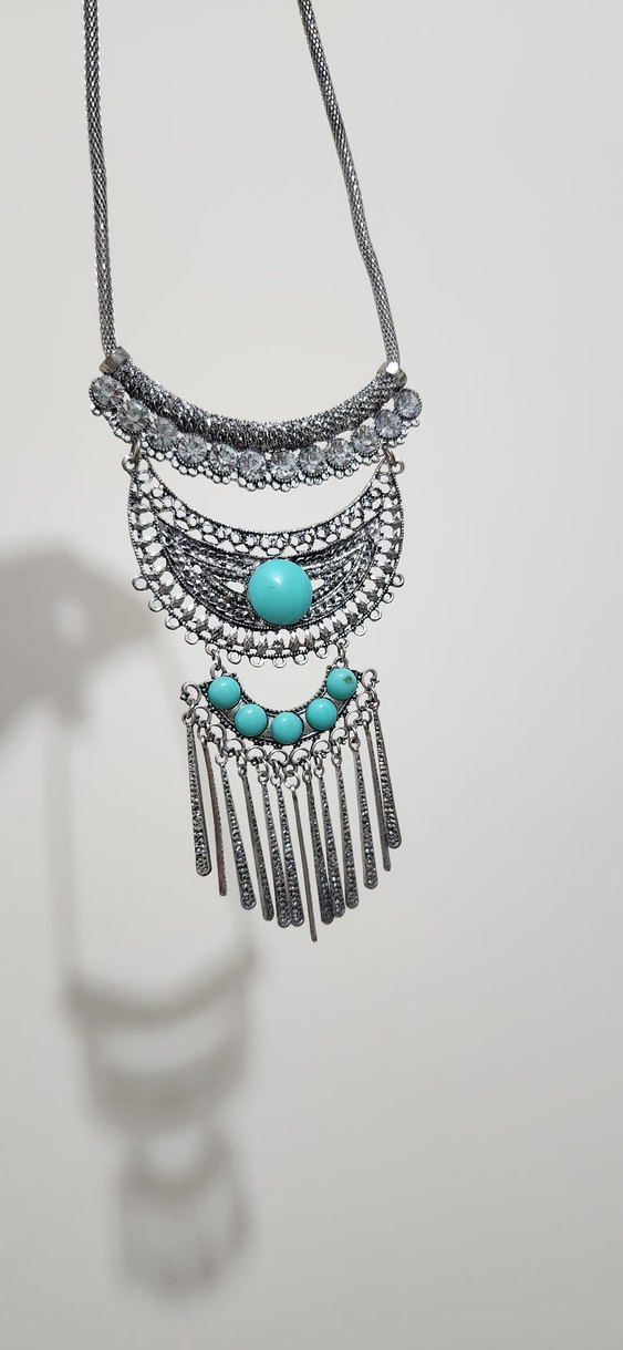 Zincir Detaylı Turkuaz Bohem Kolye - Görsel 2