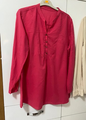 Düğmeli Uzun Kollu bej renk pamuklu Gömlek - Görsel 3