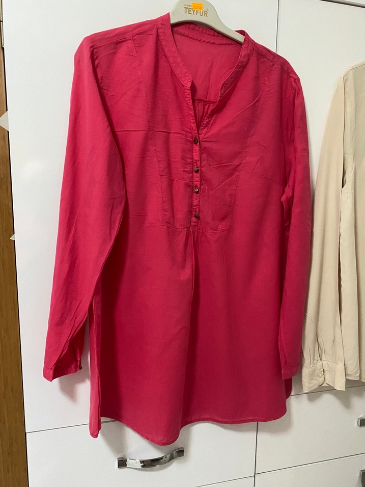 Düğmeli Uzun Kollu bej renk pamuklu Gömlek - Görsel 3