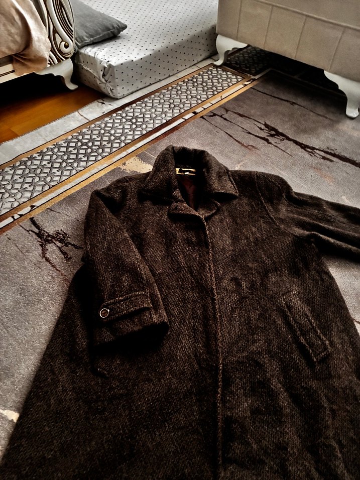 Düğmeli Kahverengi Kadın Uzun Yün Kaban - Görsel 2