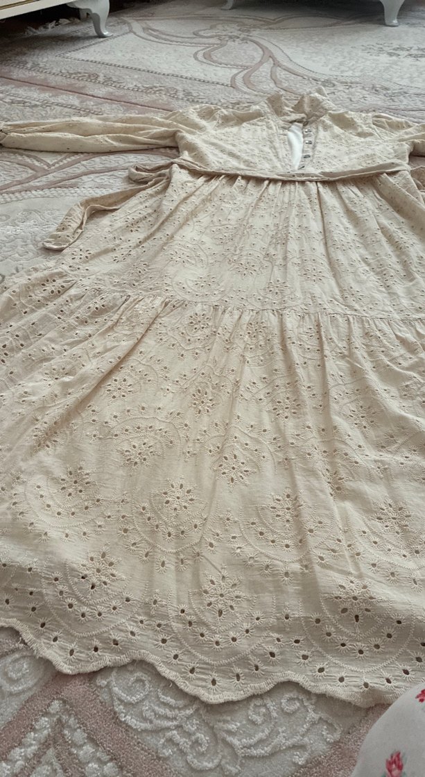 Bej Nakışlı Uzun Keten Elbise - Görsel 2