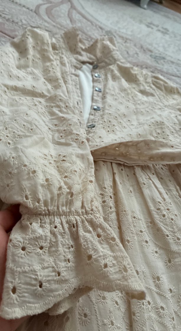 Bej Nakışlı Uzun Keten Elbise - Görsel 3