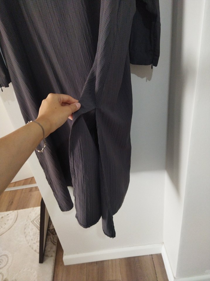 Düğmeli Gri Keten Uzun Kollu Kadın ikili takım - Görsel 5