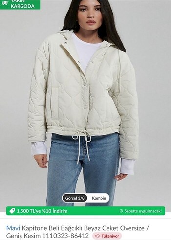 Mavi kadın Beli Bağcıklı Beyaz Kapitone Oversize Ceket