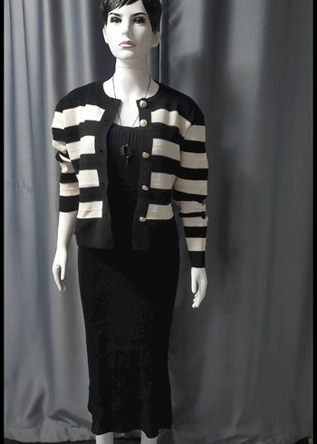 Cizgi Desenli Siyah Triko Hırka askili elbise takim - Görsel 2