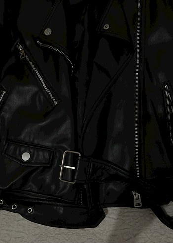 Kadın Siyah Biker Deri Ceket - Görsel 5