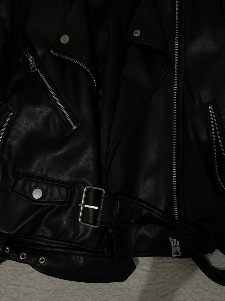 Kadın Siyah Biker Deri Ceket - Görsel 5