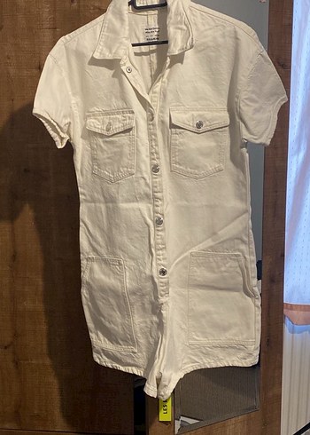 Kadın Beyaz Kısa Kollu Düğmeli Kot Tulum - Görsel 2