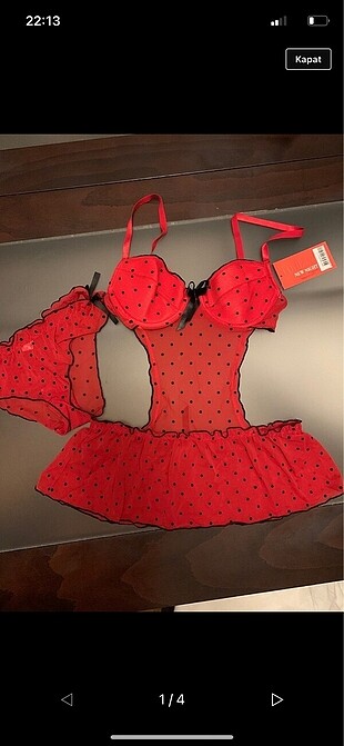 Kirmizi, puantiyeli babydoll takim