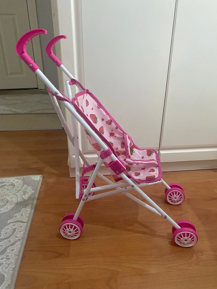 Çilek Desenli Pembe Bebek Arabası - Görsel 3