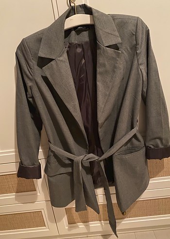 Kadın Gri Kemerli Keten Blazer Ceket - Görsel 2