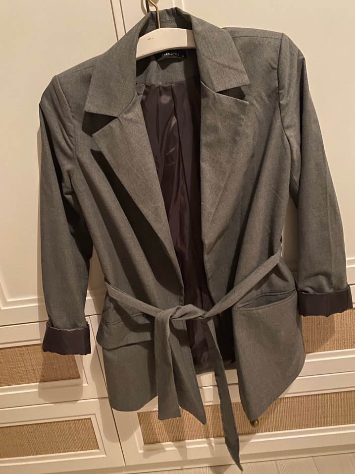 Kadın Gri Kemerli Keten Blazer Ceket - Görsel 2