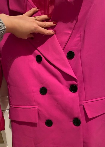 Kadın Pembe Düğmeli Midi Blazer Ceket - Görsel 2