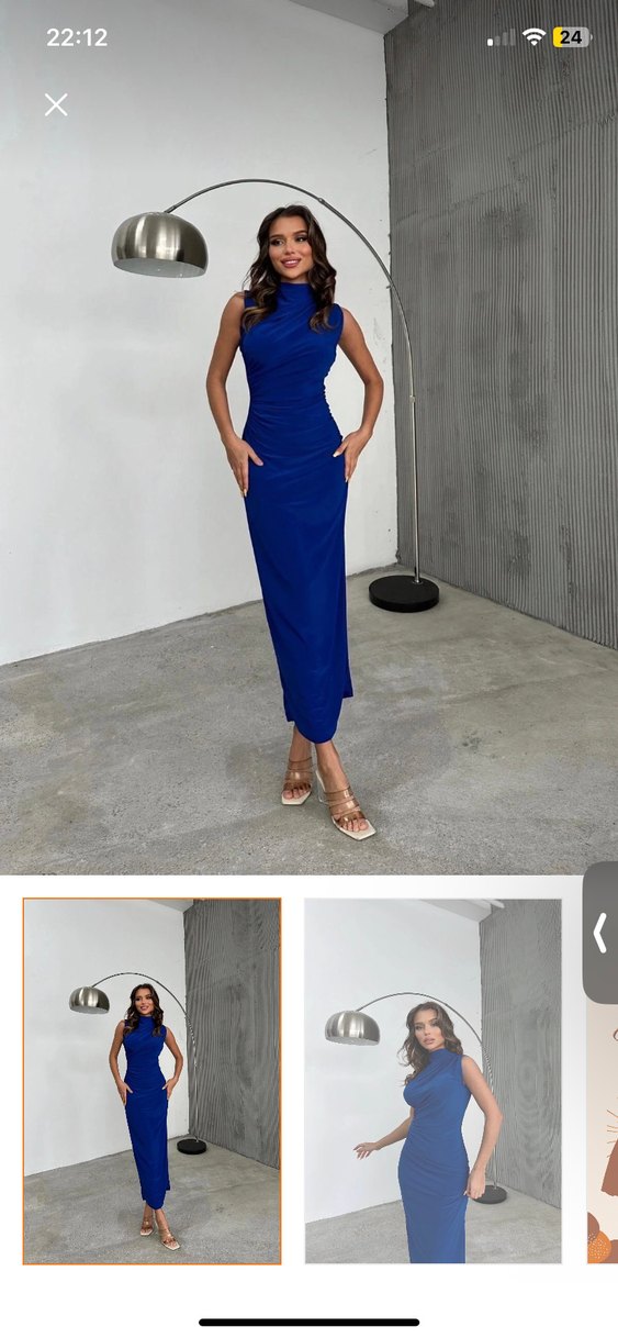 Mavi Parlak Drapeli Uzun Kadın Elbise - Görsel 2