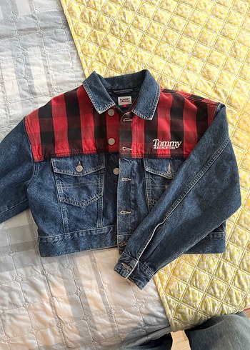 Kadın Koyu Kırmızı Ekoseli Denim Ceket