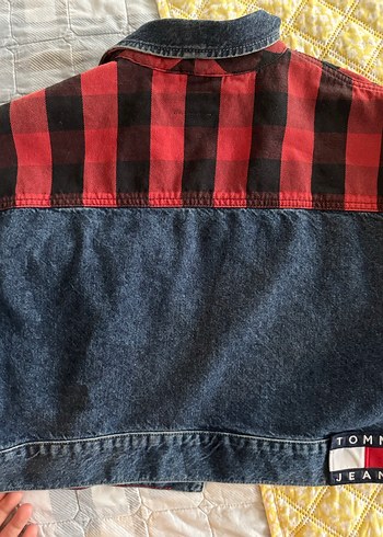 s Beden lacivert Renk Kadın Koyu Kırmızı Ekoseli Denim Ceket