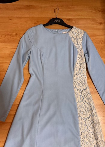 Uzun Kollu Mavi Vintage Elbise - Görsel 3