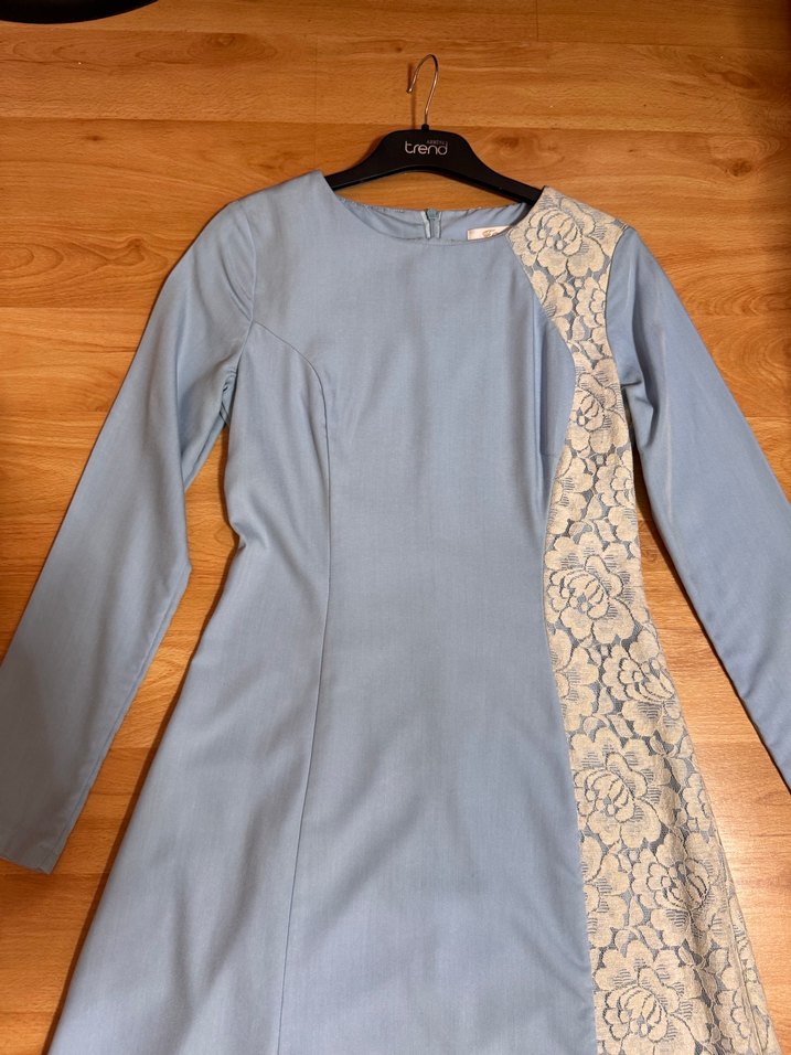 Uzun Kollu Mavi Vintage Elbise - Görsel 3