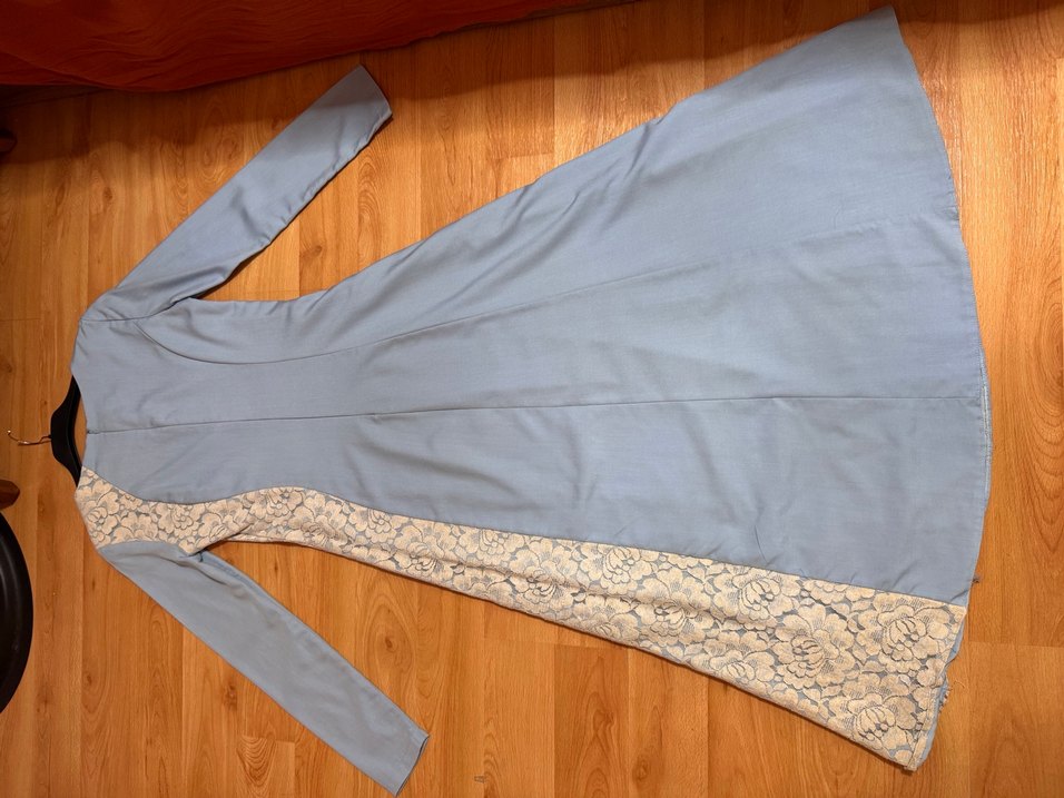 Uzun Kollu Mavi Vintage Elbise - Görsel 4