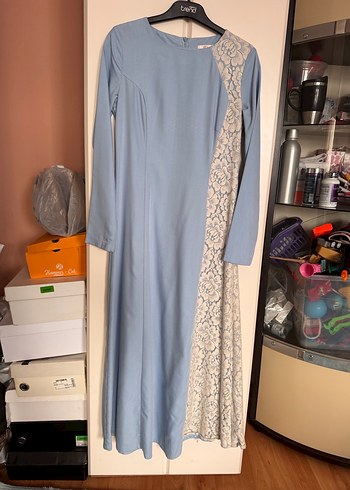 Uzun Kollu Mavi Vintage Elbise - Görsel 8