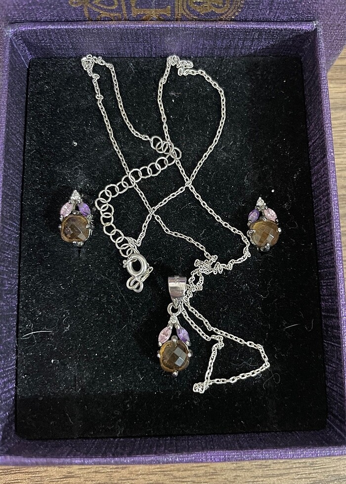 Gümüş kolye küpe takım mor taşlı - Görsel 3