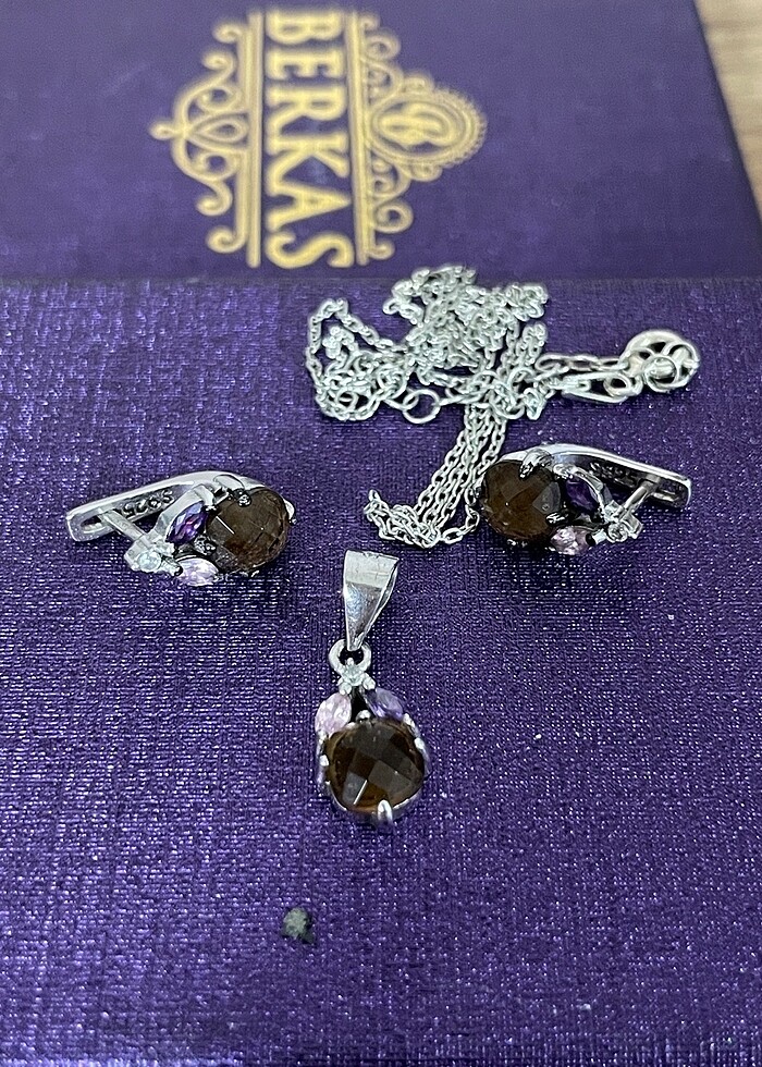 Gümüş kolye küpe takım mor taşlı - Görsel 4