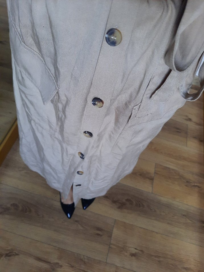 Bej Keten Midi Gömlek Elbise - Görsel 3