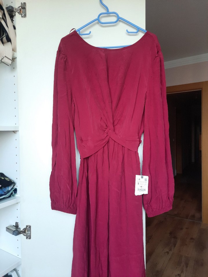 Bordo Uzun Kollu Drapeli Kadın Elbise - Görsel 3