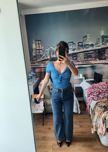 Kadın Mavi Bağlamalı Loose Fit Midi Kot Pantolon